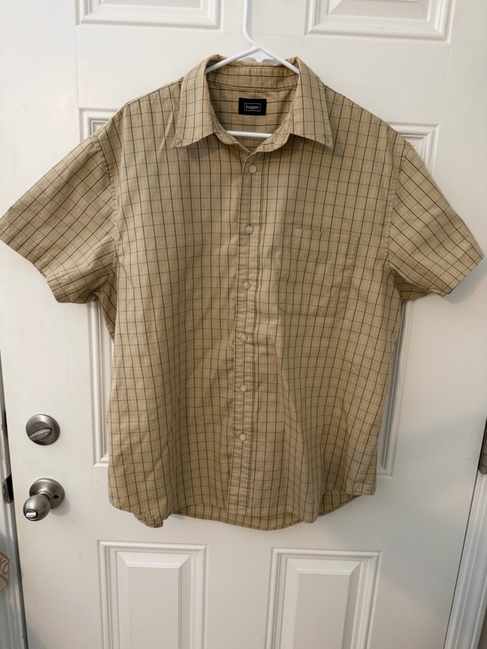 Haggar Beige Plaid Short Sleeve Button-Down Shirt